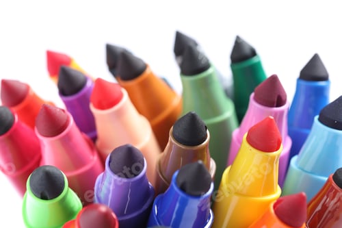 Preview: Many colorful markers on white background, closeup