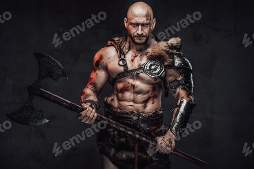 Preview: Bloody and furious viking armed with axe posing in dark background