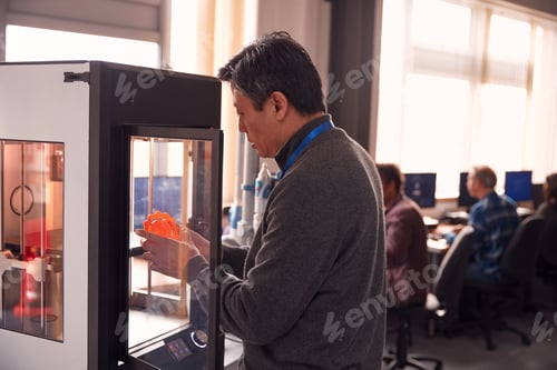 Preview: Mature Male College Student Studying Engineering Using 3D Printing Machine