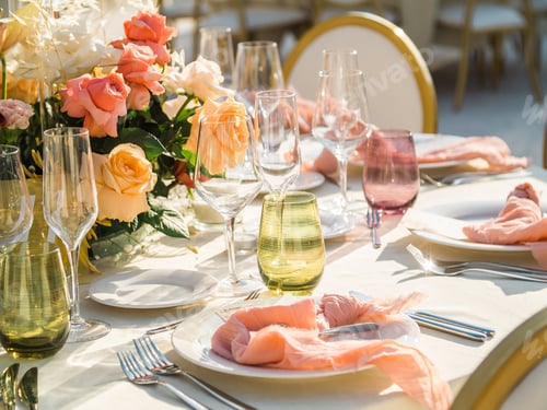 Preview: Table at luxury wedding reception event. Beautiful flowers on table and serving dishes and glasses