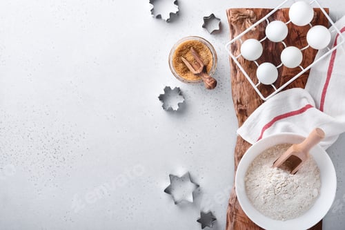 Preview: Ingredients for cooking homemade baking. Baking background with flour, eggs, kitchen tools, utensils