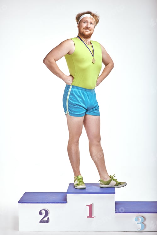 Preview: Red haired, bearded, plump man is standing on a pedestal