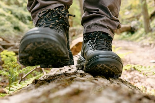Preview: Close up of human foots in mountain shoe walking on tree log.