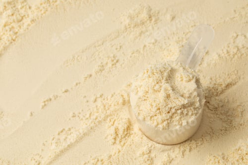 Preview: Vanilla protein powder in a skimp on the background of protein powder for fitness.