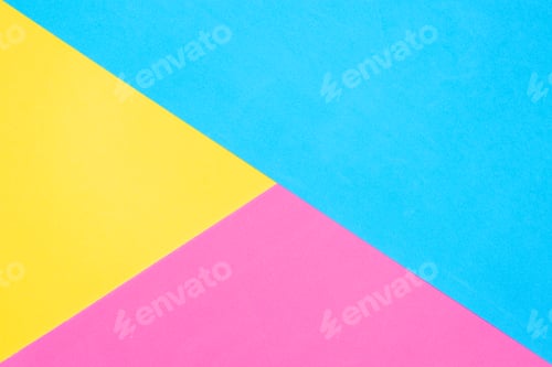 Preview: Multicolored paper background. Yellow pink and blue geometric backdrop. Diagonal and triangles