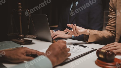 Preview: A group of lawyers is discussing contract documents that must be presented to a client, Lawyers brai