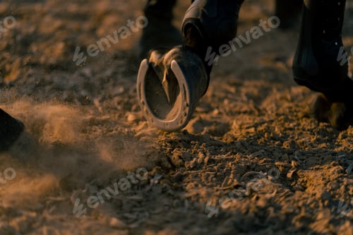 Preview: Close-up of black horse's hooves during a horseback ride on the sand equestrian sports