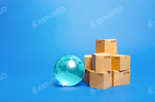 Preview: Blue glass globe and cardboard boxes. International world trade distribution.