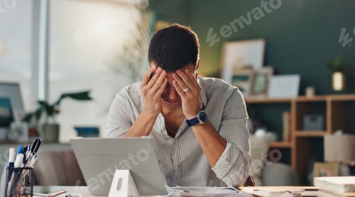 Preview: Headache, stress and businessman with tablet in office for internet error, project disaster and fru