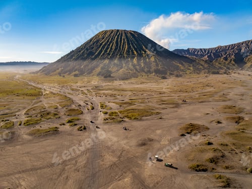 Preview: Aerial view of adventure off-road car on path to Mount Bromo volcano, East Java, Surabuya, Indonesia