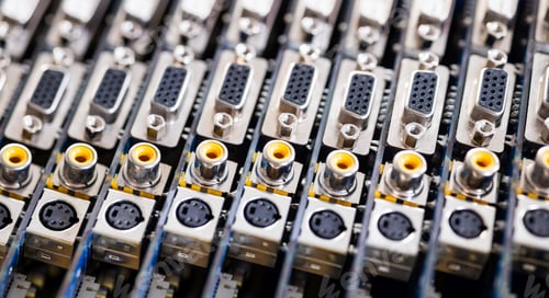 Preview: Close-up blurry metal sockets on a computer video board