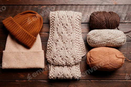 Knitted Hats and Yarn Bolls on Wood Background
