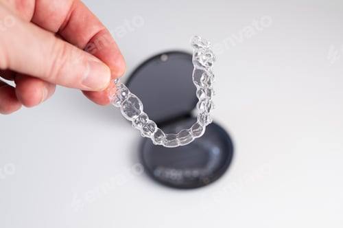 Preview: Doctor holding invisible aligner dental braces over case