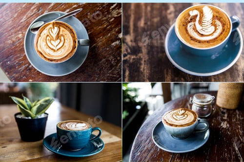 Preview: Creative collage of classic blue color cupa of tasty cappuccino
