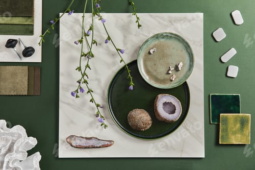 Preview: Stylish flat lay composition of creative architect moodboard design