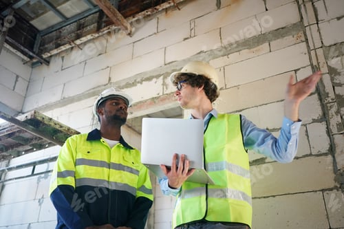 Preview: Architect and construction engineer or surveyor discussion plans and blueprints