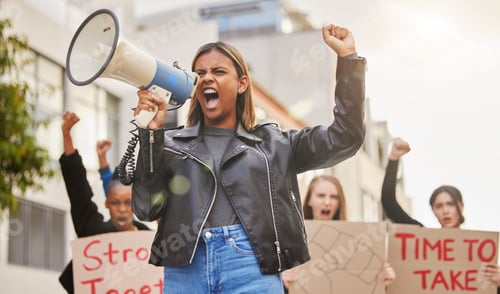 Preview: Protest, shouting and woman with megaphone in city marching for gender equality, justice and freedo