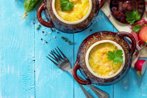 Preview: Potatoes and red fish with cream and cheese bake in clay pots in the kitchen wooden background.