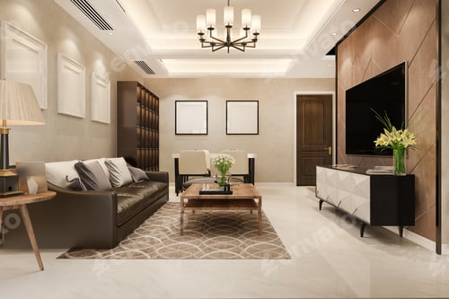 Preview: modern dining room and living room with luxury decor and chandelier