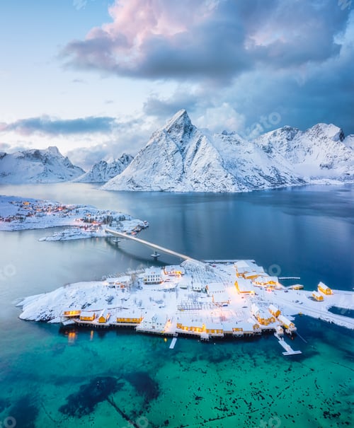 Preview: Aerial view on the Hamnoy village, Lofoten Islands, Norway. Landscape in winter time