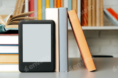 Preview: E-book reader on table against book shelves