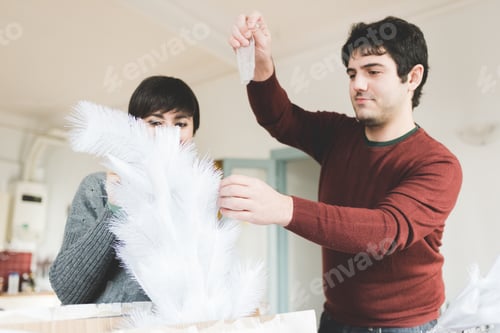 Preview: Young couple at home decorating xmas tree