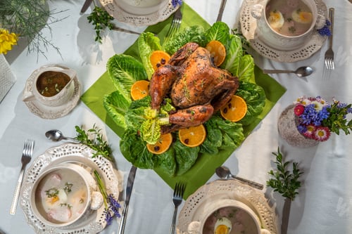 Preview: Richly set table for Thanksgiving with turkey and soup