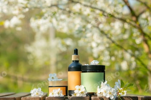 Preview: Cosmetic jar on wooden table in blooming tree spring garden