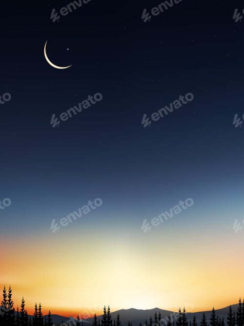 Preview: Islamic greeting Ramadan Kareem card design background with Crescent moon on colourful sunset sky