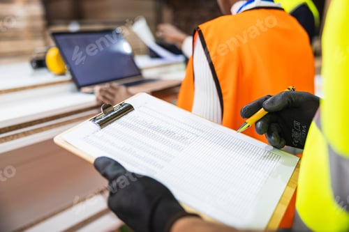 Preview: Worker checking inventory list at lumberyard