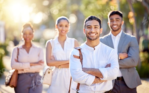 Preview: Shot of a diverse group of businesspeople standing together in the city after a day in the office