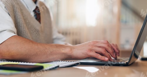Preview: Man, hands and typing on laptop for business, article research and email communication in office. J