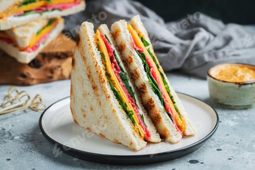 Preview: Two homemade sandwiches with sausage, cheese and arugula on a light concrete background