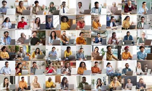 Preview: Collection of multiethnic business people using laptop, collage