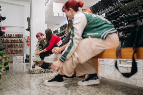 Preview: Young women friends trying on footwear in shoe store