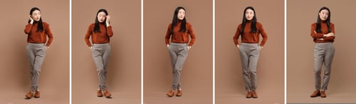 Preview: Full length portrait of Asian woman on brown background, set with photos