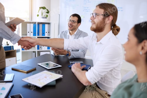Preview: Shot of a diverse group of businesspeople shaking hands during a meeting in the office