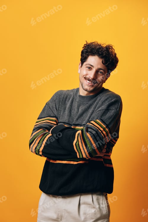 Preview: Fashion man sweater portrait happy smile orange trendy background