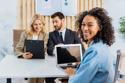 Preview: Group of multiethnic businesspeople sitting at computer desk in the office
