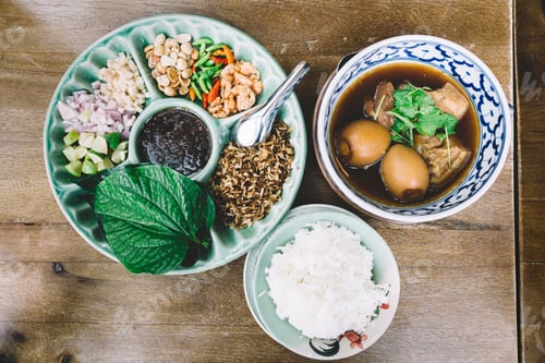Preview: Betel leaf wrap and eggs and pork in sweet brown soup, Thai food on the table
