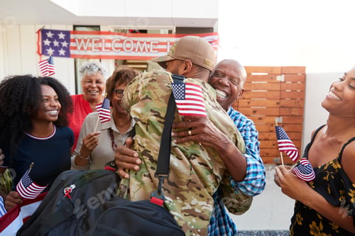 Preview: Millennial black soldier returning home to his family, embracing grandfather, back view