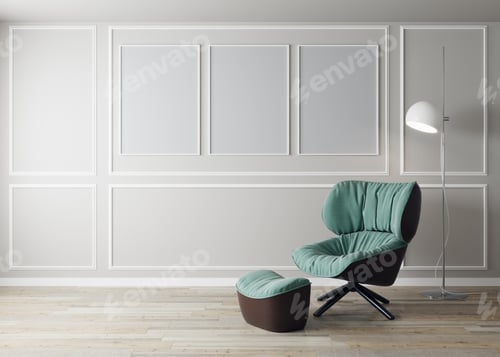 Preview: Living room interior with green armchair and flower, white wall mock up background, 3D rendering