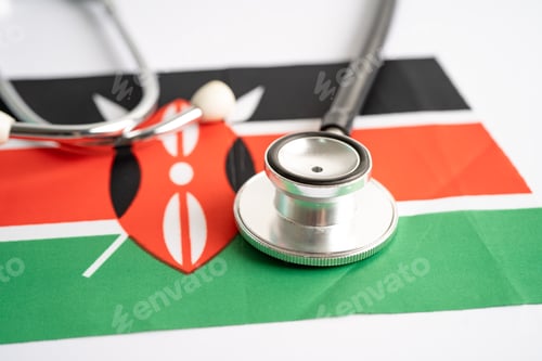 Preview: Black stethoscope on Kenya flag background, Business and finance concept.