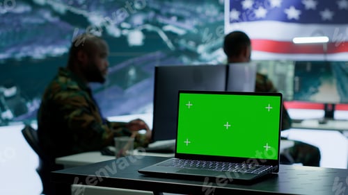 Preview: American army working in a command post with green screen