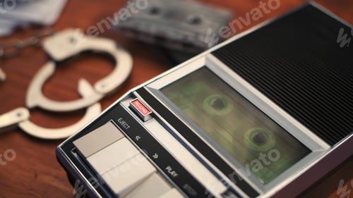 Preview: Handcuffs and vintage cassette recorder on wooden table, crime concept