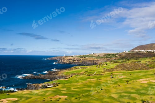 Preview: Golf course near the Atlantic ocean in Tenerife, Spain, green Golf course, tennis court in the
