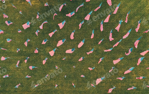 Preview: Overhead aerial drone shot of many USA flags in a greenfield