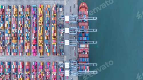 Preview: Aerial top view container cargo ship loading unloading container cargo at international seaport