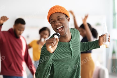 Preview: Positive black guy with bottle of beer singing karaoke