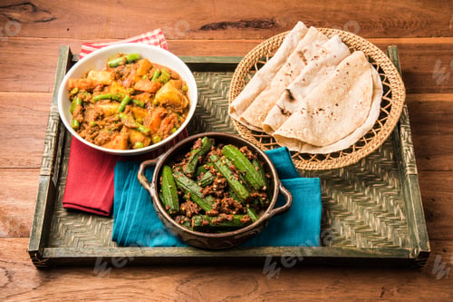 Preview: Bhindi masala, ladies finger fry & Mixed veg served with Indian roti